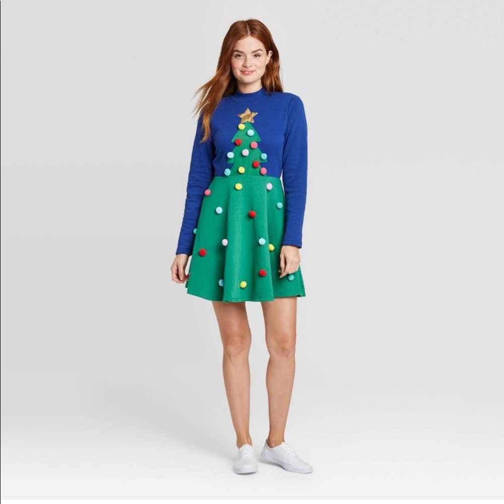 🆕 Mighty Fine Women Christmas Tree Pom Pom Dress